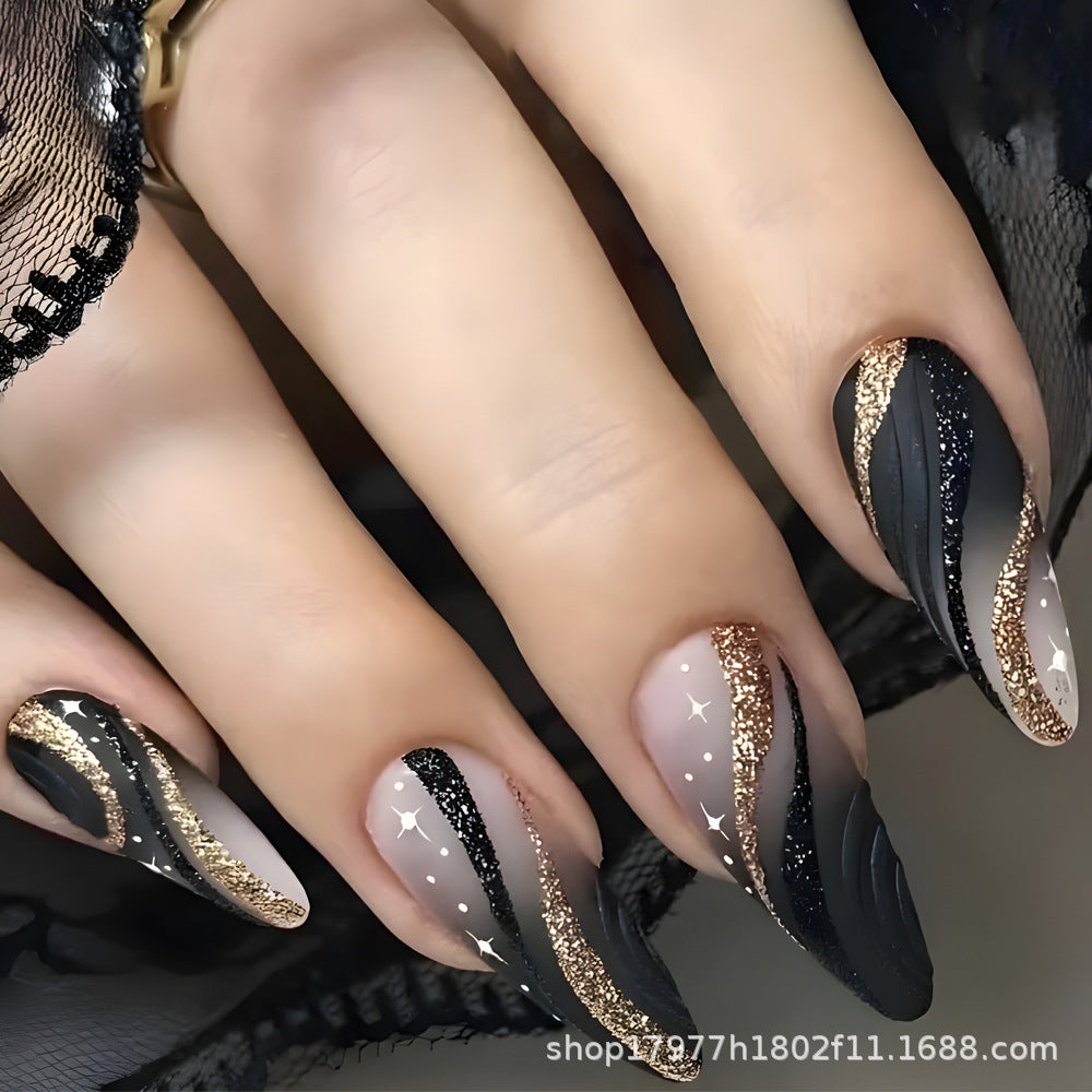 【Press-on Nail】Black Glitter Wave Soft Lines