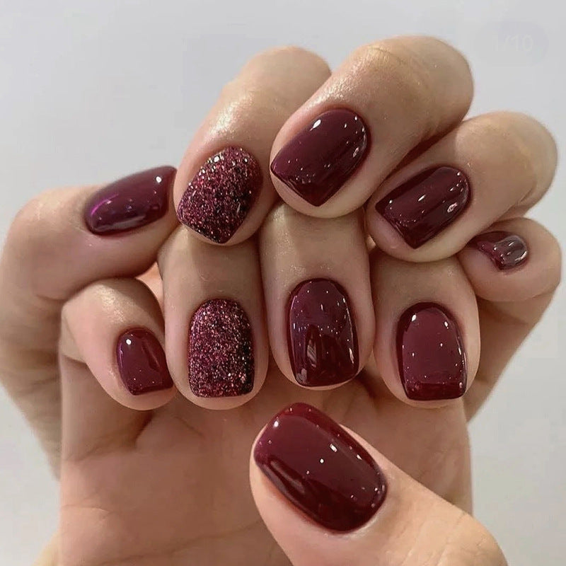 【Press-on Nail】【Short】Wine Red Flash Nail