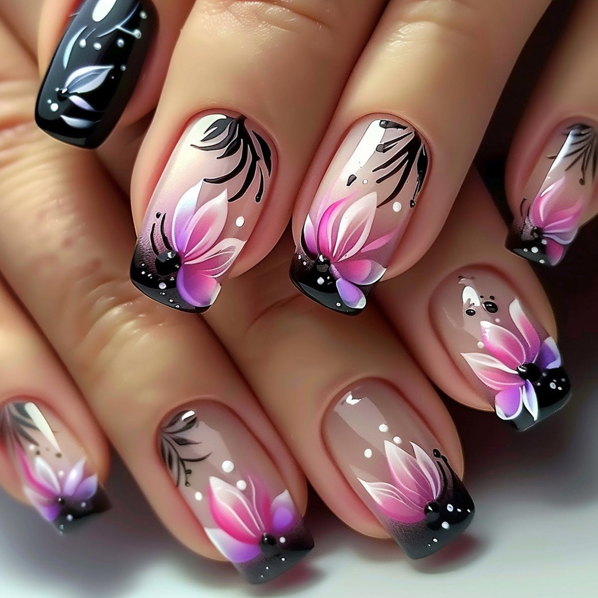 【Press-on Nail】【Medium-Length】 Black Edge Gradient Pink Purple Flower