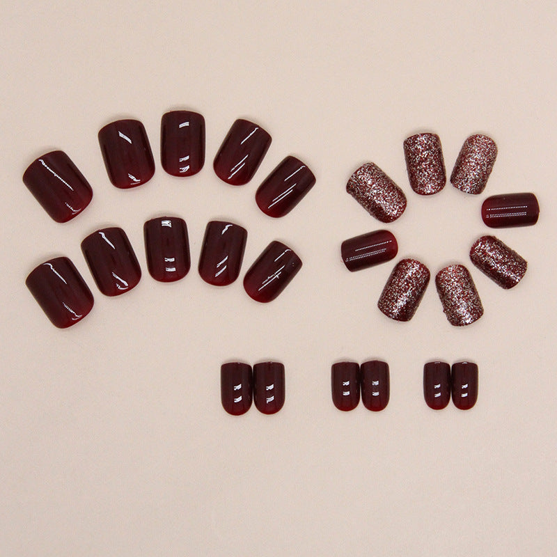 【Press-on Nail】【Short】Wine Red Flash Nail