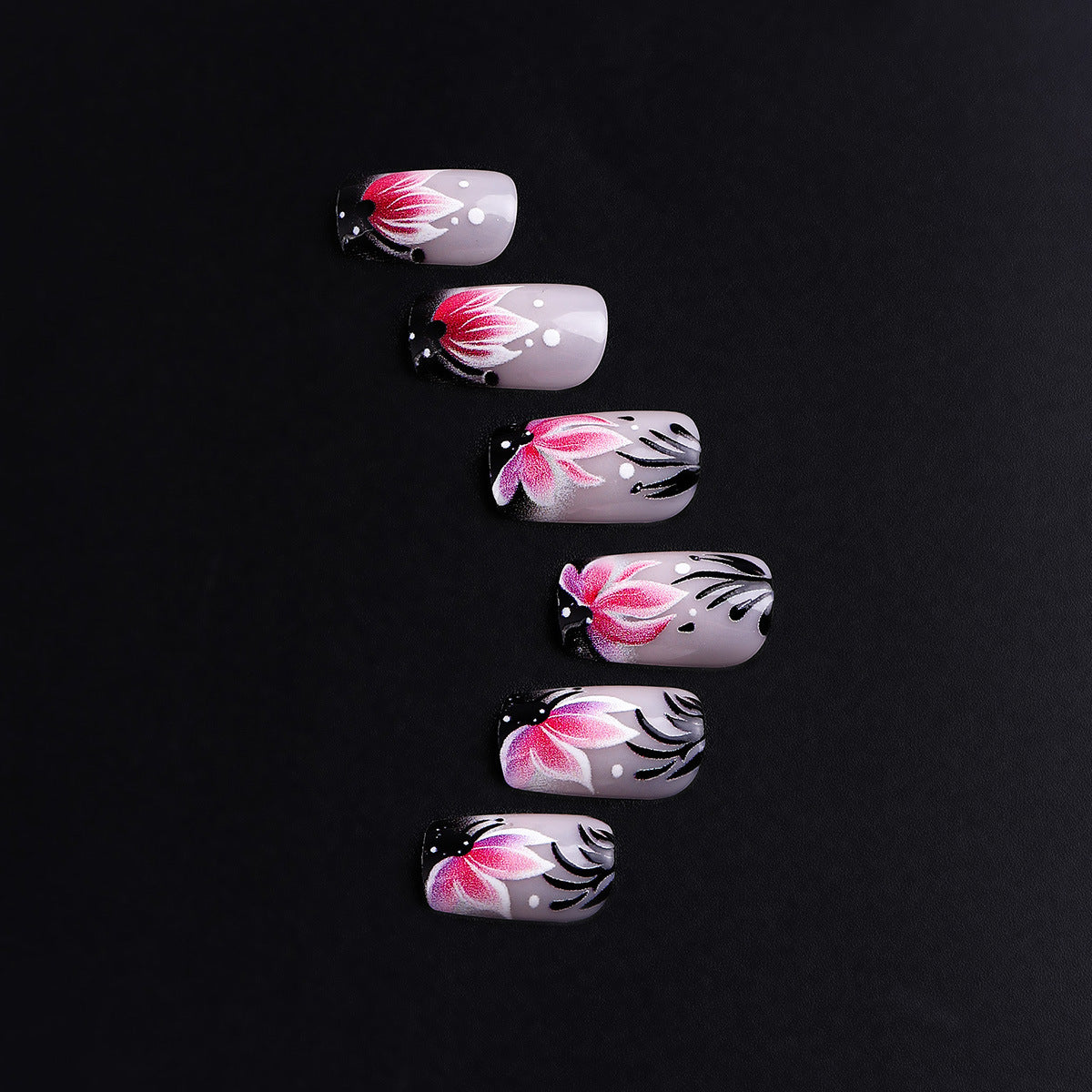 【Press-on Nail】【Medium-Length】 Black Edge Gradient Pink Purple Flower